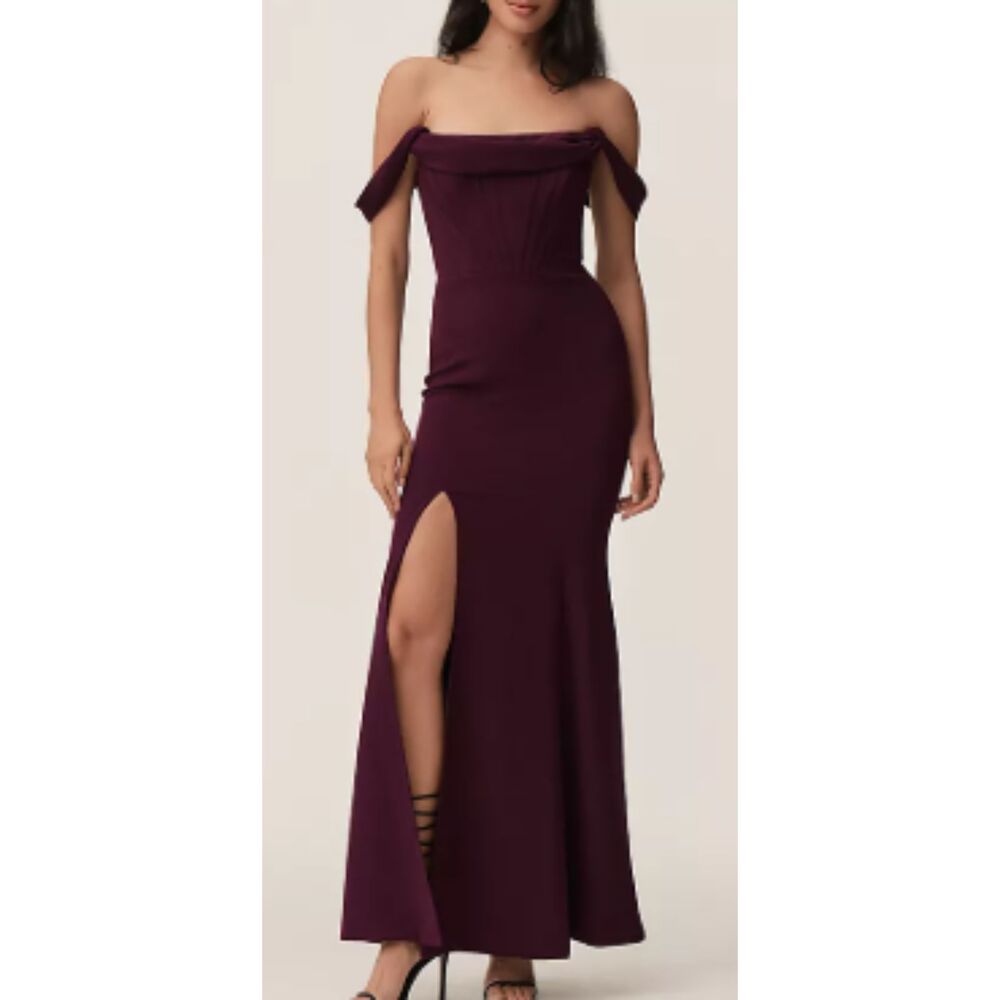 Dress the Population Off-Shoulder Maxi Dress in Deep Plum